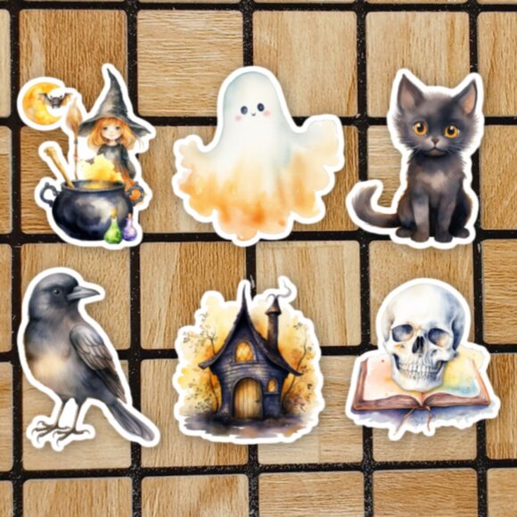 Watercolor Halloween Sticker Pack of 6 Vinyl Stickers Waterproof Sticker Set - Picture 1 of 4